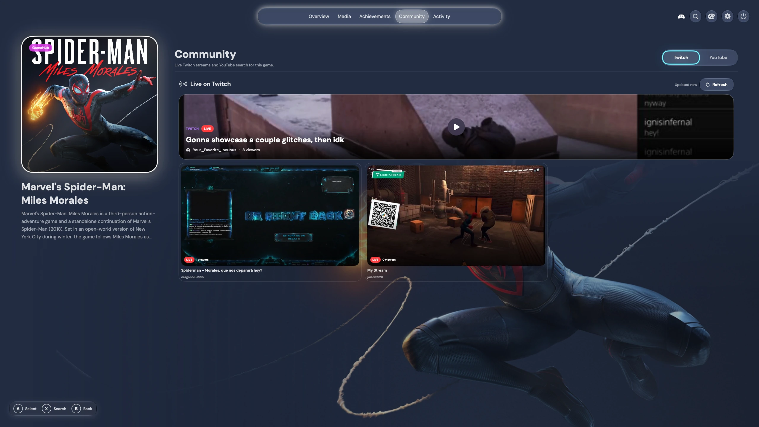 Platformer game Community view with Twitch streams for Spider-Man: Miles Morales