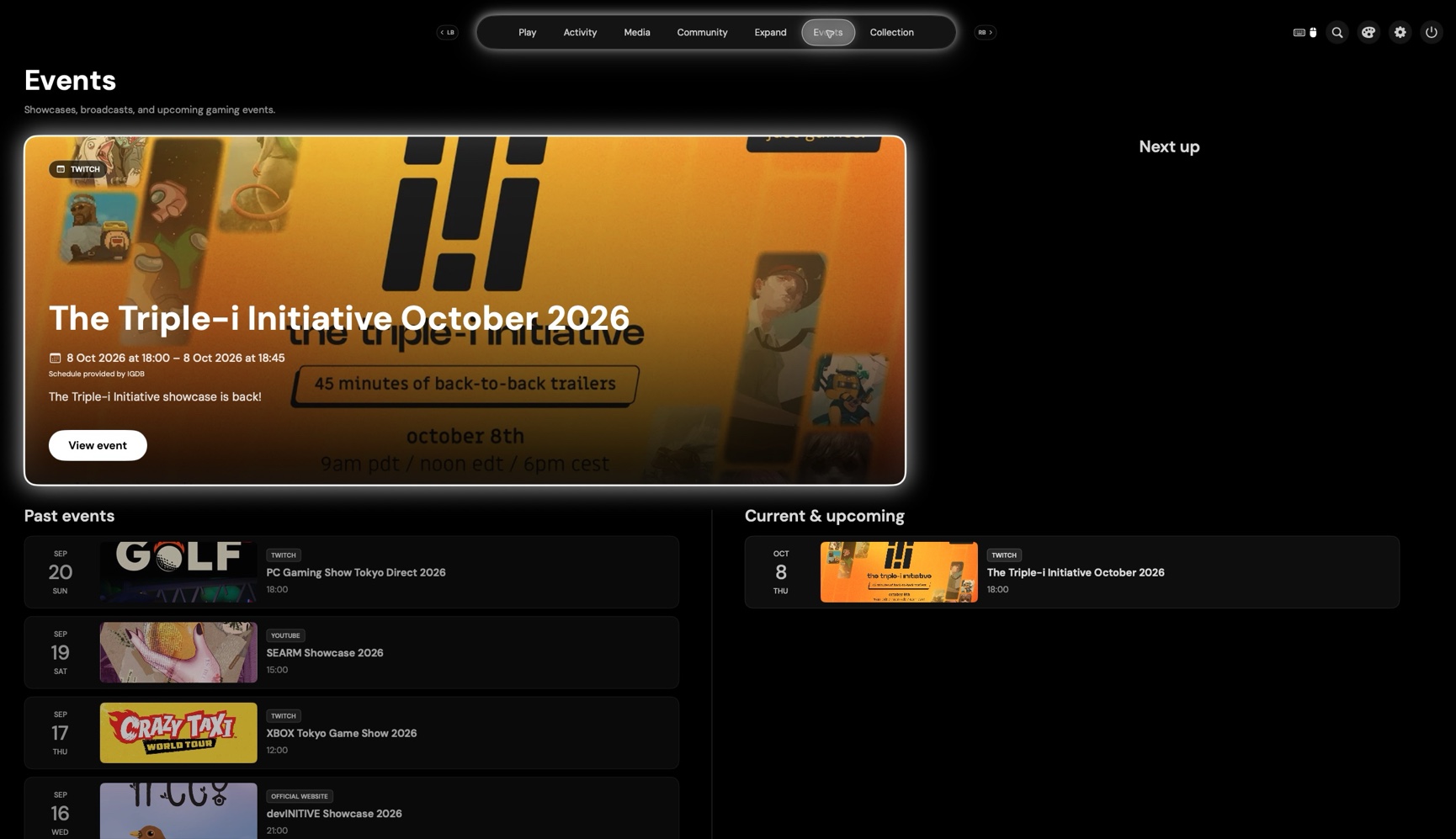 Platformer Events interface with gaming showcases and broadcasts