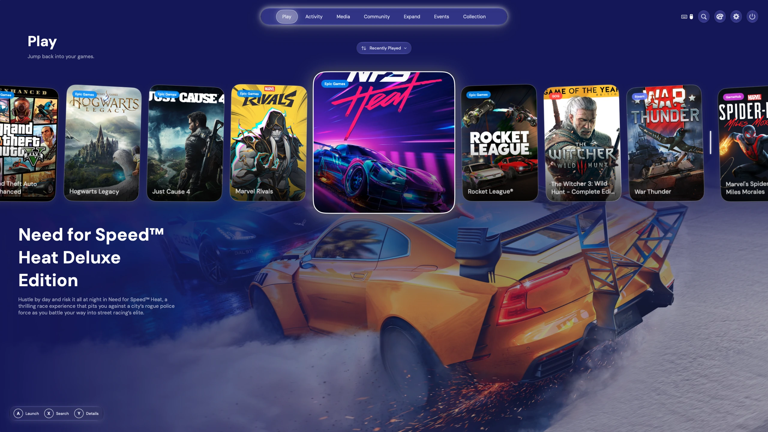 Platformer Play with Need for Speed Heat selected